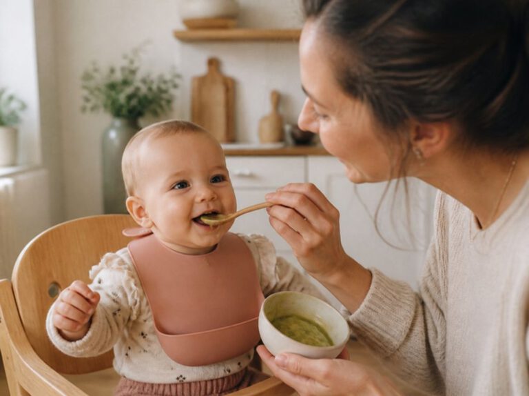 Baby probiert zum ersten Mal Brei vom Löffel