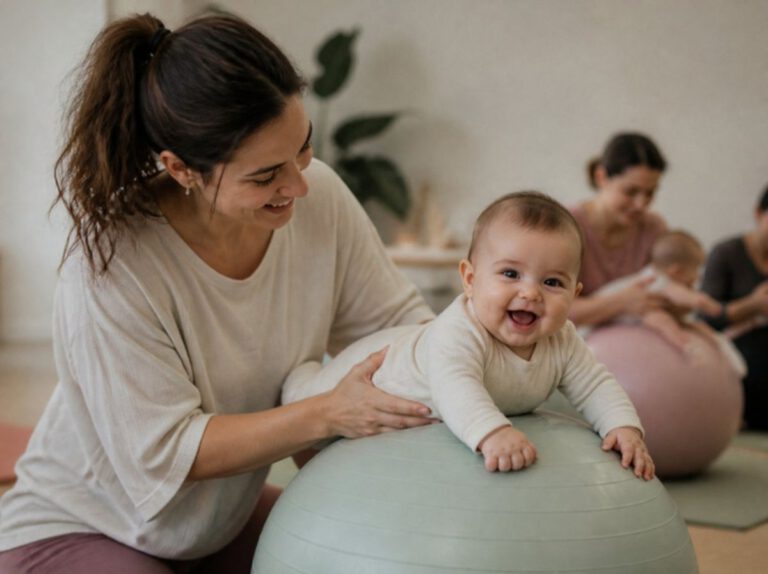 Lachendes Baby auf dem Gymnastikball im Babykurs
