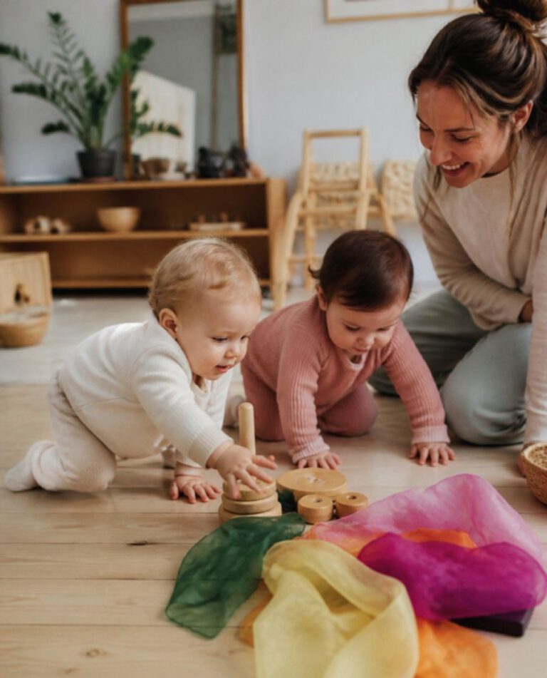 Zwei Kleinkinder spielen mit Holzspielzeug und Tüchern in der Krabbelgruppe