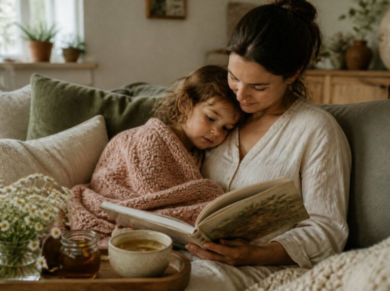 Mutter liest ihrem in eine Decke gekuschelten Kind vor, daneben Kräutertee
