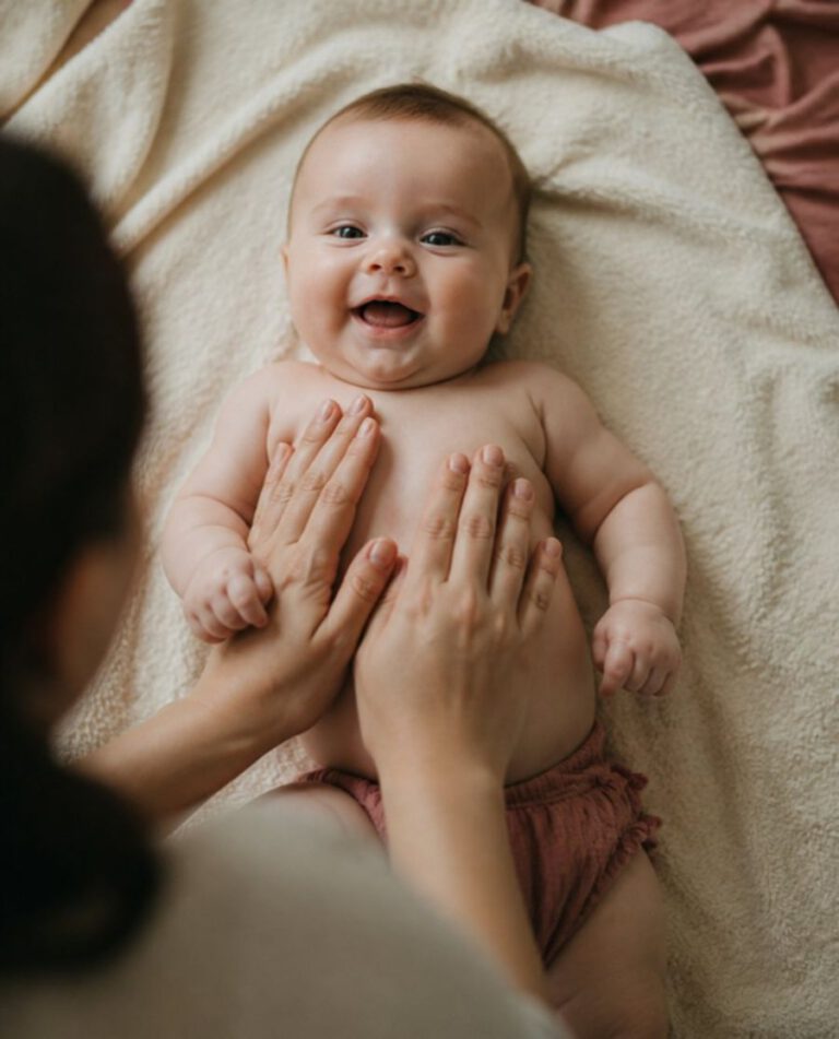Lachendes Baby bei einer sanften Babymassage
