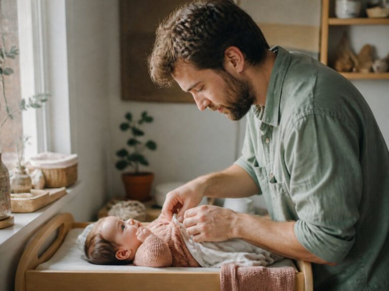 Vater zieht sein Neugeborenes achtsam auf dem Wickeltisch an