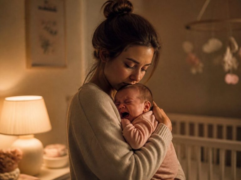 Mutter hält ihr weinendes Baby abends tröstend im Arm