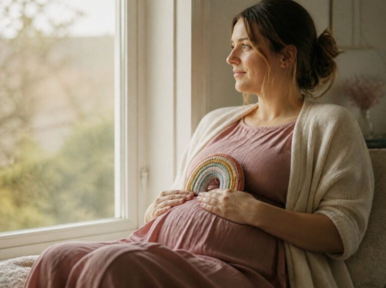 Schwangere Frau mit kleinem Regenbogen am Bauch sitzt am Fenster